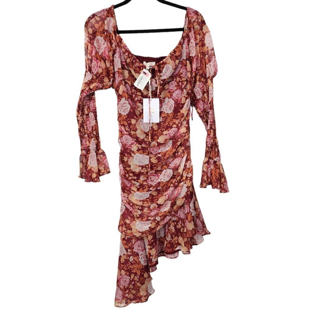 NWT NEW WAYF Ruffle Ruched Maroon Floral Mini Dress Long Sleeve Size Large $158